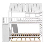 Letto a Castello con Scivolo, Letto a Castello Singolo con Scala Contenitore e Letto Estraibile, Letto a Castello in Legno per Bambini con Tetto e Finestra