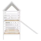 Letto a Castello con Scivolo, Letto a Castello Singolo con Scala Contenitore e Letto Estraibile, Letto a Castello in Legno per Bambini con Tetto e Finestra