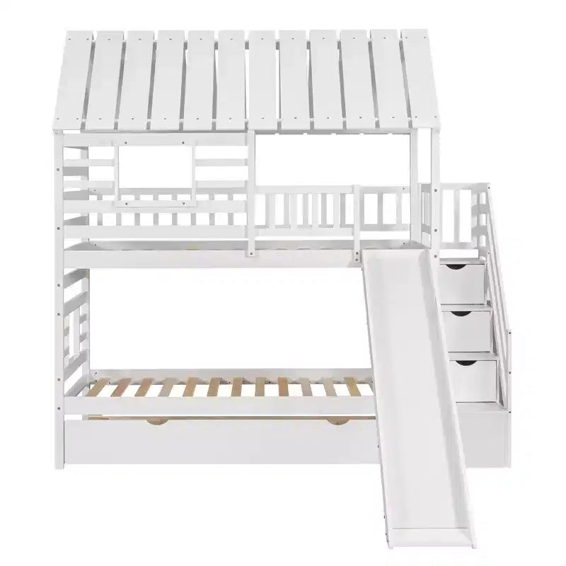 Letto a Castello con Scivolo, Letto a Castello Singolo con Scala Contenitore e Letto Estraibile, Letto a Castello in Legno per Bambini con Tetto e Finestra