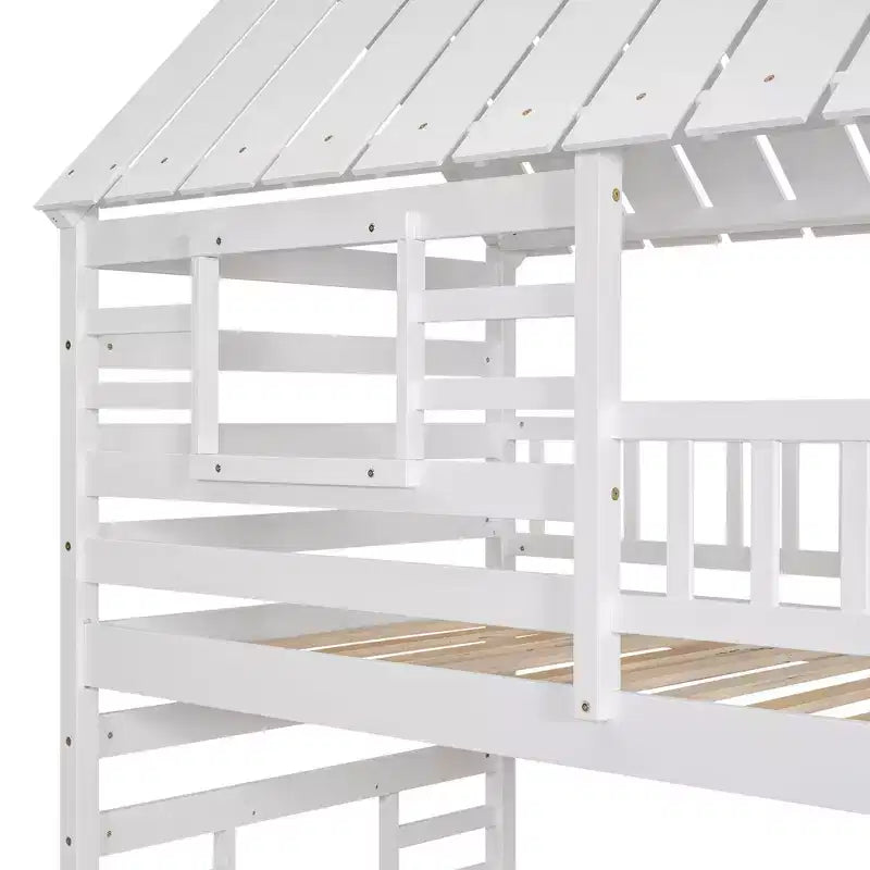 Letto a Castello con Scivolo, Letto a Castello Singolo con Scala Contenitore e Letto Estraibile, Letto a Castello in Legno per Bambini con Tetto e Finestra