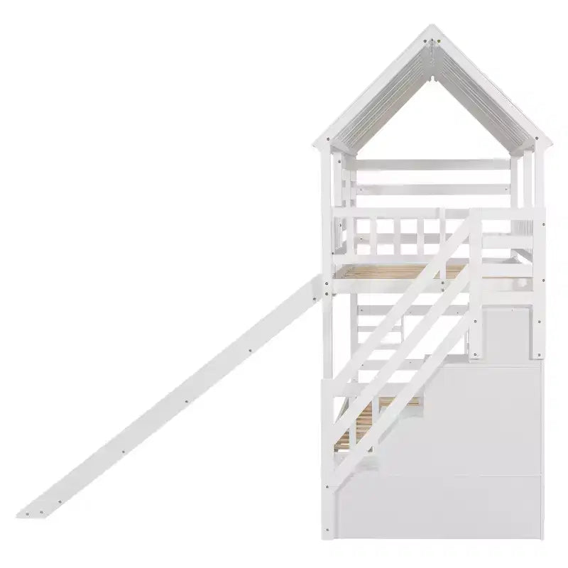 Letto a Castello con Scivolo, Letto a Castello Singolo con Scala Contenitore e Letto Estraibile, Letto a Castello in Legno per Bambini con Tetto e Finestra