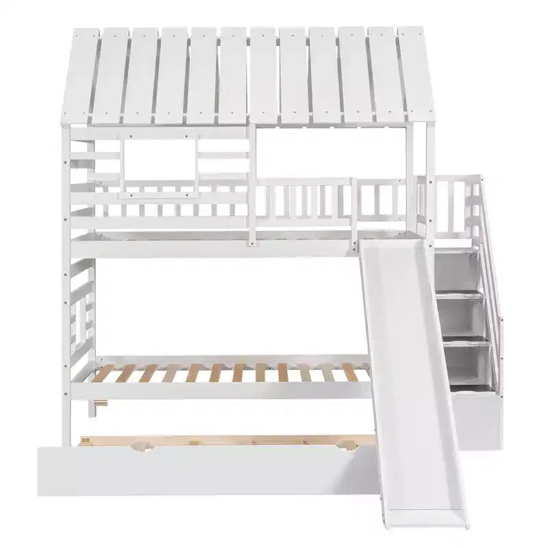 Letto a Castello con Scivolo, Letto a Castello Singolo con Scala Contenitore e Letto Estraibile, Letto a Castello in Legno per Bambini con Tetto e Finestra