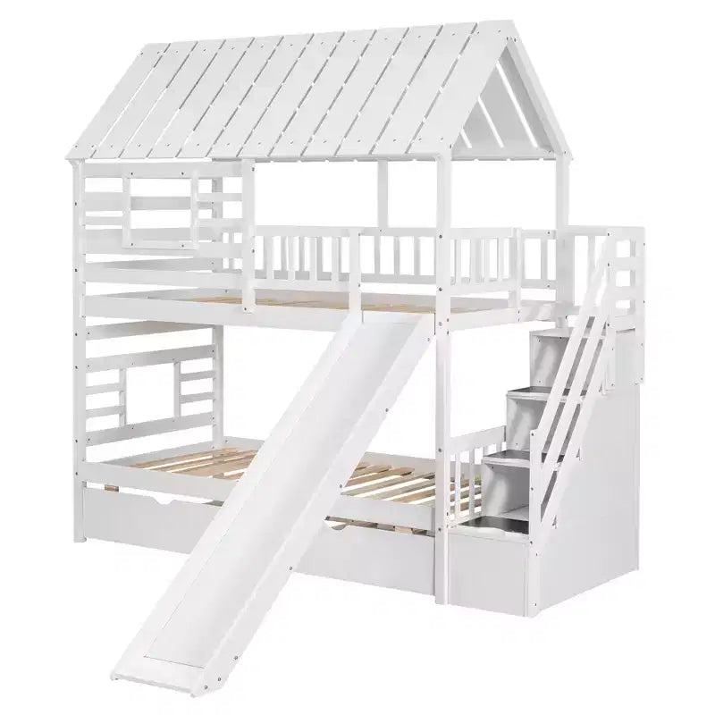 Letto a Castello con Scivolo, Letto a Castello Singolo con Scala Contenitore e Letto Estraibile, Letto a Castello in Legno per Bambini con Tetto e Finestra
