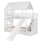 Letto a Castello con Scivolo, Letto a Castello Singolo con Scala Contenitore e Letto Estraibile, Letto a Castello in Legno per Bambini con Tetto e Finestra