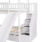 Letto a Castello con Scivolo, Letto a Castello Singolo con Scala Contenitore e Letto Estraibile, Letto a Castello in Legno per Bambini con Tetto e Finestra