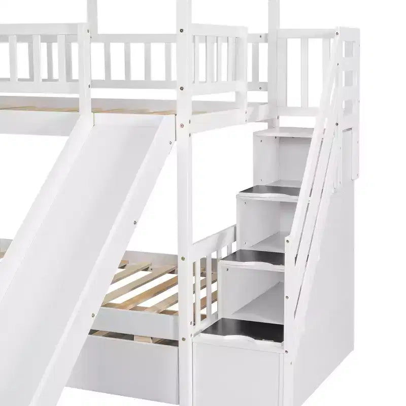 Letto a Castello con Scivolo, Letto a Castello Singolo con Scala Contenitore e Letto Estraibile, Letto a Castello in Legno per Bambini con Tetto e Finestra