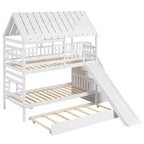 Letto a Castello con Scivolo, Letto a Castello Singolo con Scala Contenitore e Letto Estraibile, Letto a Castello in Legno per Bambini con Tetto e Finestra