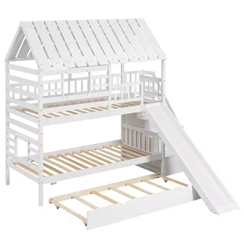 Letto a Castello con Scivolo, Letto a Castello Singolo con Scala Contenitore e Letto Estraibile, Letto a Castello in Legno per Bambini con Tetto e Finestra