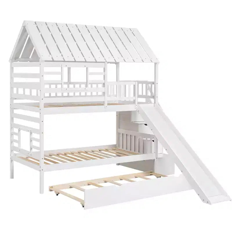 Letto a Castello con Scivolo, Letto a Castello Singolo con Scala Contenitore e Letto Estraibile, Letto a Castello in Legno per Bambini con Tetto e Finestra