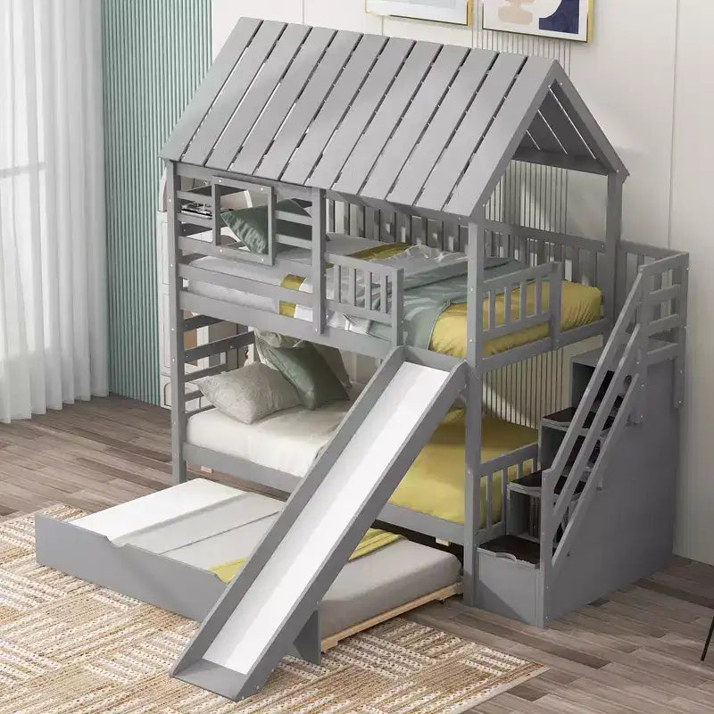Letto a Castello con Scivolo, Letto a Castello Singolo con Scala Contenitore e Letto Estraibile, Letto a Castello in Legno per Bambini con Tetto e Finestra