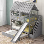 Letto a Castello con Scivolo, Letto a Castello Singolo con Scala Contenitore e Letto Estraibile, Letto a Castello in Legno per Bambini con Tetto e Finestra
