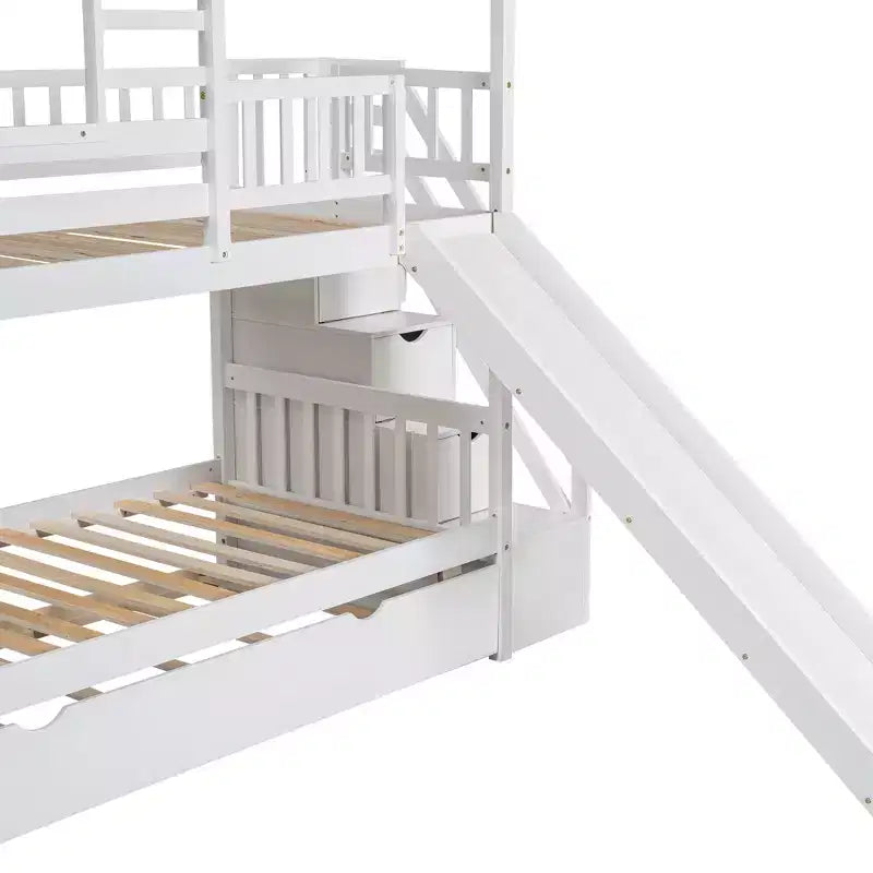 Letto a Castello con Scivolo, Letto a Castello Singolo con Scala Contenitore e Letto Estraibile, Letto a Castello in Legno per Bambini con Tetto e Finestra