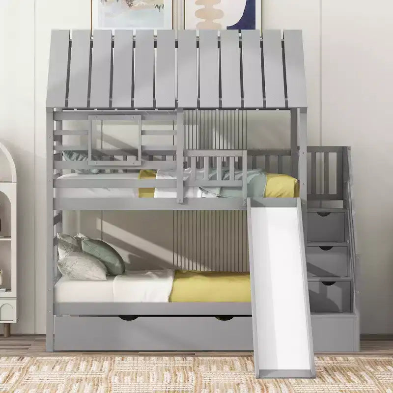 Letto a Castello con Scivolo, Letto a Castello Singolo con Scala Contenitore e Letto Estraibile, Letto a Castello in Legno per Bambini con Tetto e Finestra