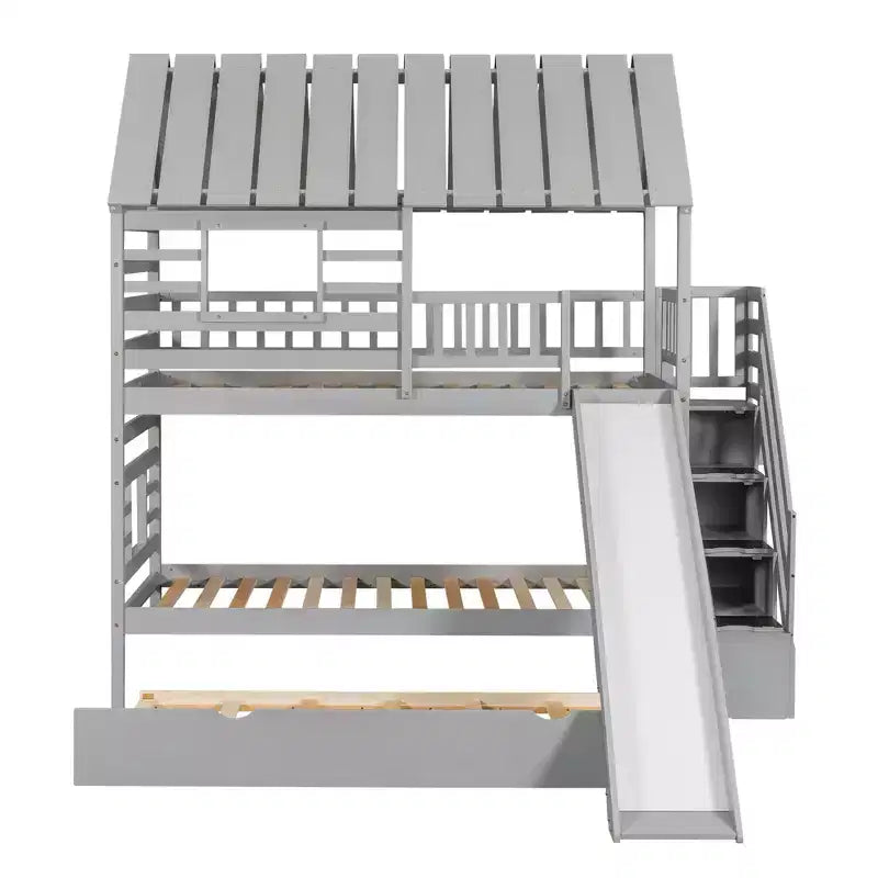 Letto a Castello con Scivolo, Letto a Castello Singolo con Scala Contenitore e Letto Estraibile, Letto a Castello in Legno per Bambini con Tetto e Finestra