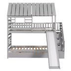 Letto a Castello con Scivolo, Letto a Castello Singolo con Scala Contenitore e Letto Estraibile, Letto a Castello in Legno per Bambini con Tetto e Finestra
