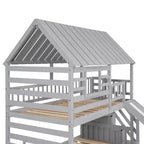 Letto a Castello con Scivolo, Letto a Castello Singolo con Scala Contenitore e Letto Estraibile, Letto a Castello in Legno per Bambini con Tetto e Finestra