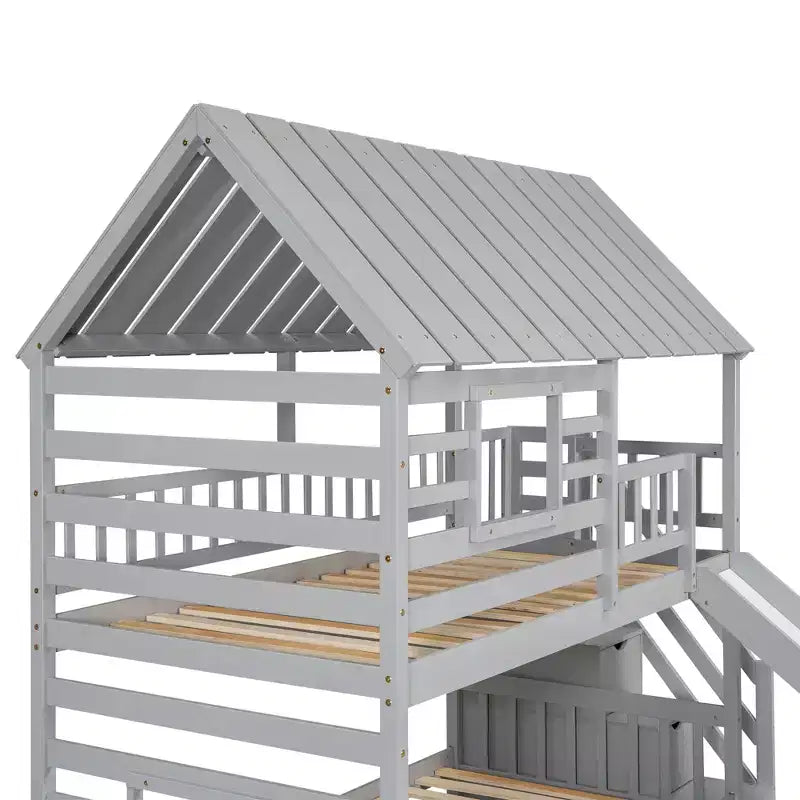 Letto a Castello con Scivolo, Letto a Castello Singolo con Scala Contenitore e Letto Estraibile, Letto a Castello in Legno per Bambini con Tetto e Finestra