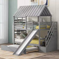 Twin over Twin House Bunk Beds with Slide, Twin Bunk Bed with Storage Stairs and Trundle, Wood Kids Bunk Bed with Roof and Window