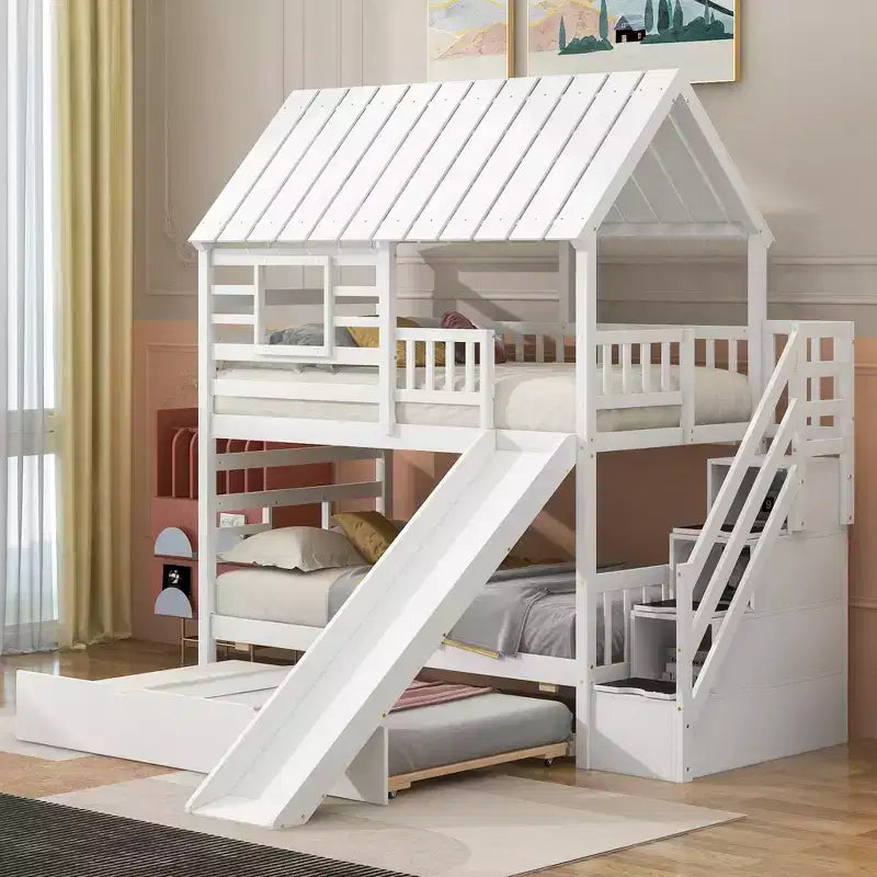 Letto a Castello con Scivolo, Letto a Castello Singolo con Scala Contenitore e Letto Estraibile, Letto a Castello in Legno per Bambini con Tetto e Finestra