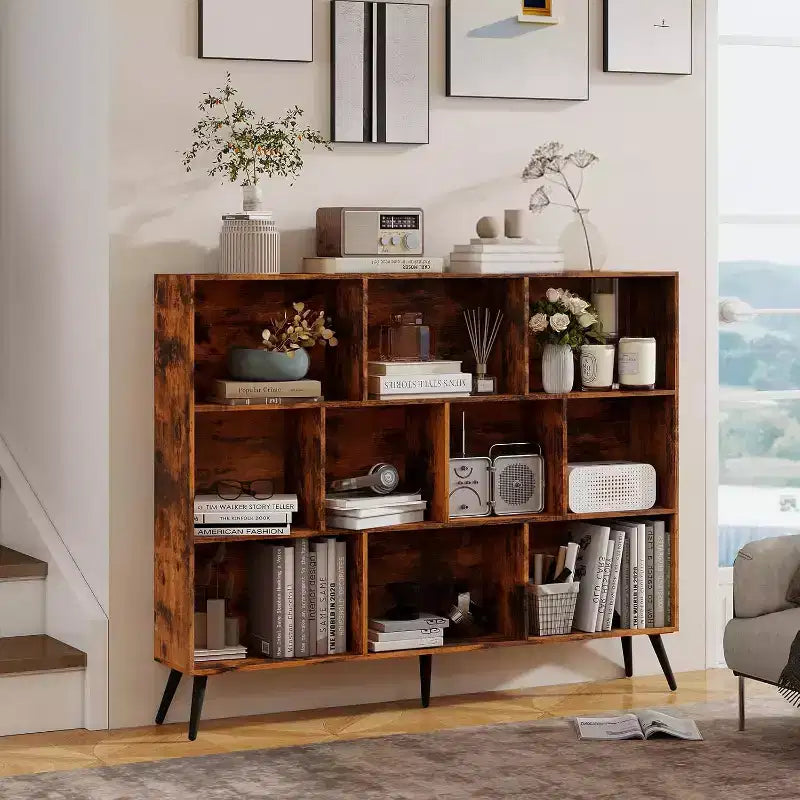 COZONY Libreria a 10 cubi e 3 livelli con 5 gambe in ferro, Scaffale aperto in legno autoportante per casa, ufficio, soggiorno, camera da letto