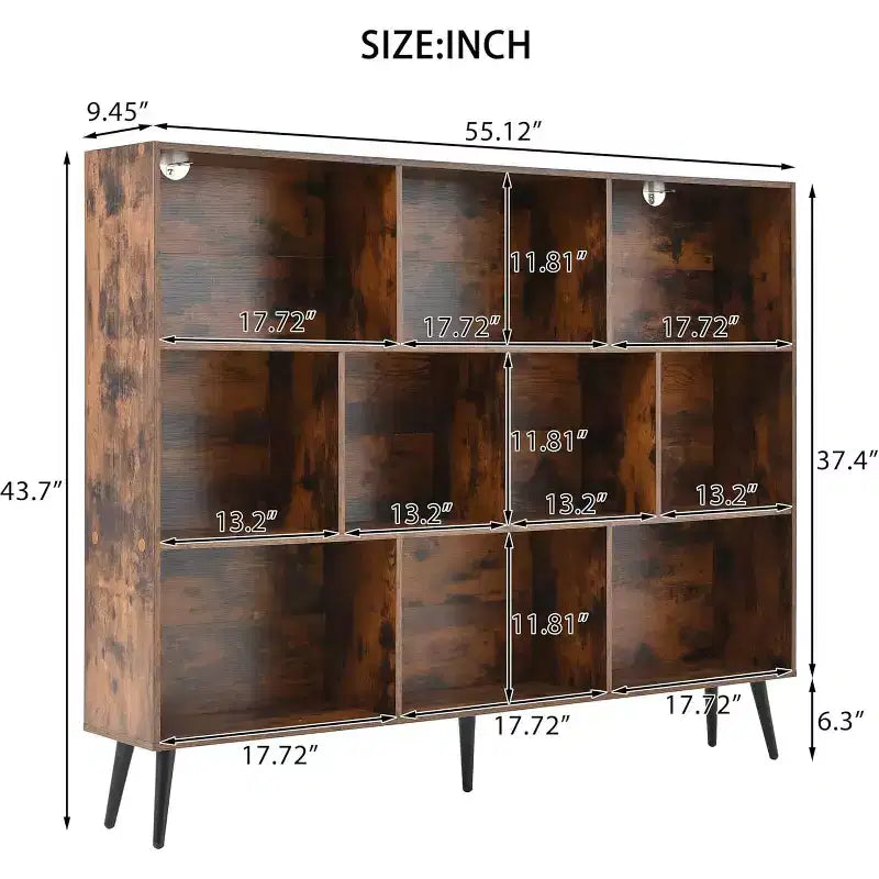 COZONY Libreria a 10 cubi e 3 livelli con 5 gambe in ferro, Scaffale aperto in legno autoportante per casa, ufficio, soggiorno, camera da letto