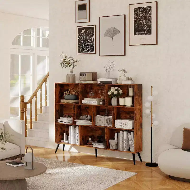 COZONY Libreria a 10 cubi e 3 livelli con 5 gambe in ferro, Scaffale aperto in legno autoportante per casa, ufficio, soggiorno, camera da letto