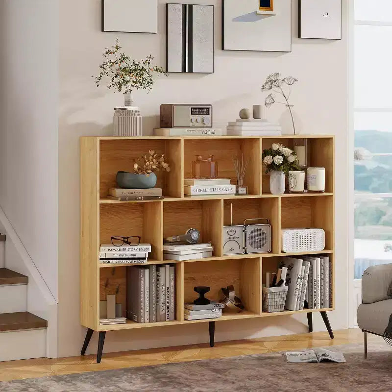 COZONY Libreria a 10 cubi e 3 livelli con 5 gambe in ferro, Scaffale aperto in legno autoportante per casa, ufficio, soggiorno, camera da letto