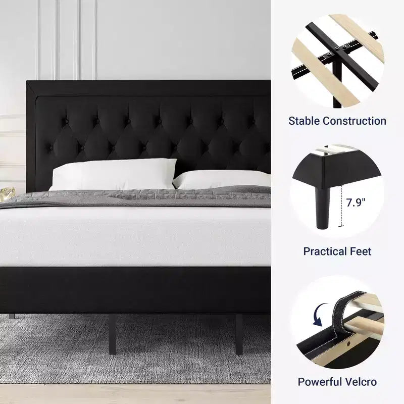 Letto king size imbottito con testiera regolabile, capitonné, base a doghe, facile da montaggio
