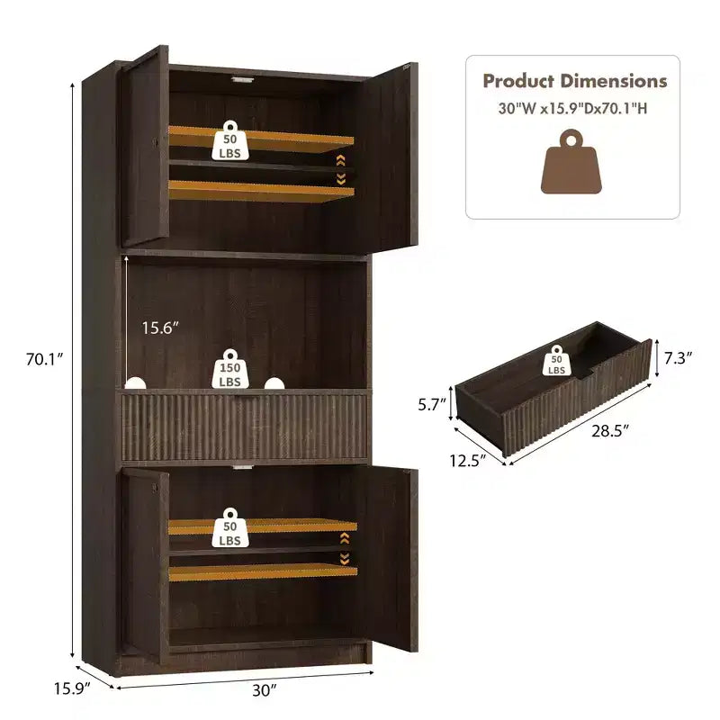 Credenza alta da cucina 70", credenza in legno scanalato con ripiani regolabili, mobiletto indipendente per il bagno