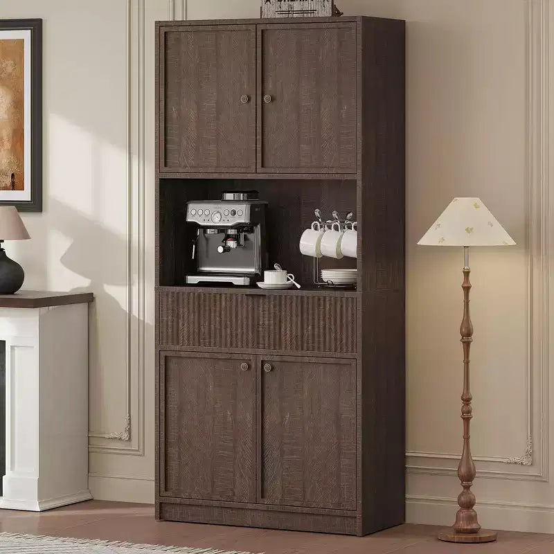 Credenza alta da cucina 70", credenza in legno scanalato con ripiani regolabili, mobiletto indipendente per il bagno