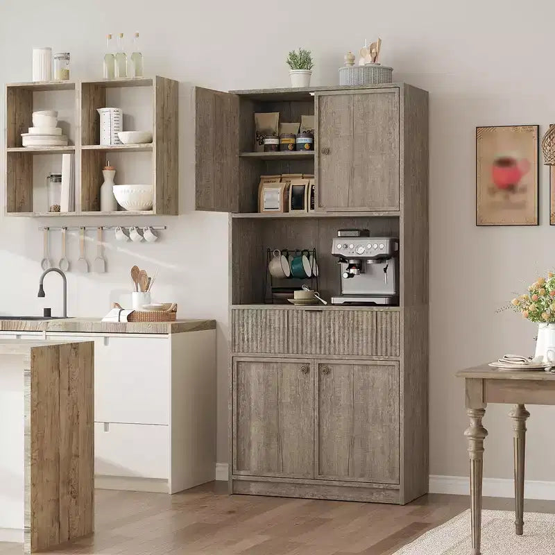 Credenza alta da cucina 70", credenza in legno scanalato con ripiani regolabili, mobiletto indipendente per il bagno