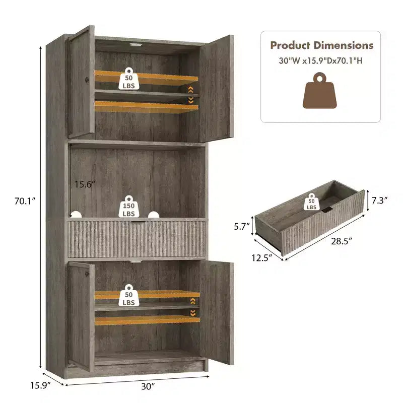 Credenza alta da cucina 70", credenza in legno scanalato con ripiani regolabili, mobiletto indipendente per il bagno