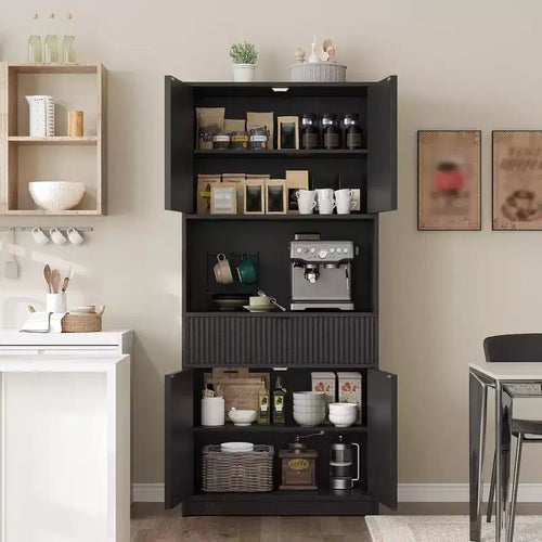 Credenza alta da cucina 70", credenza in legno scanalato con ripiani regolabili, mobiletto indipendente per il bagno