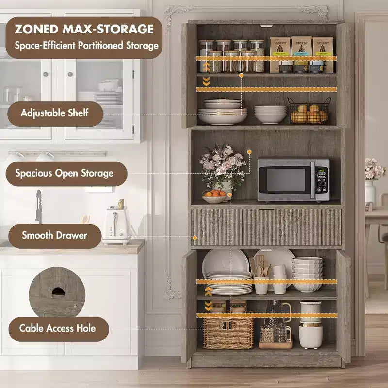 Credenza alta da cucina 70", credenza in legno scanalato con ripiani regolabili, mobiletto indipendente per il bagno