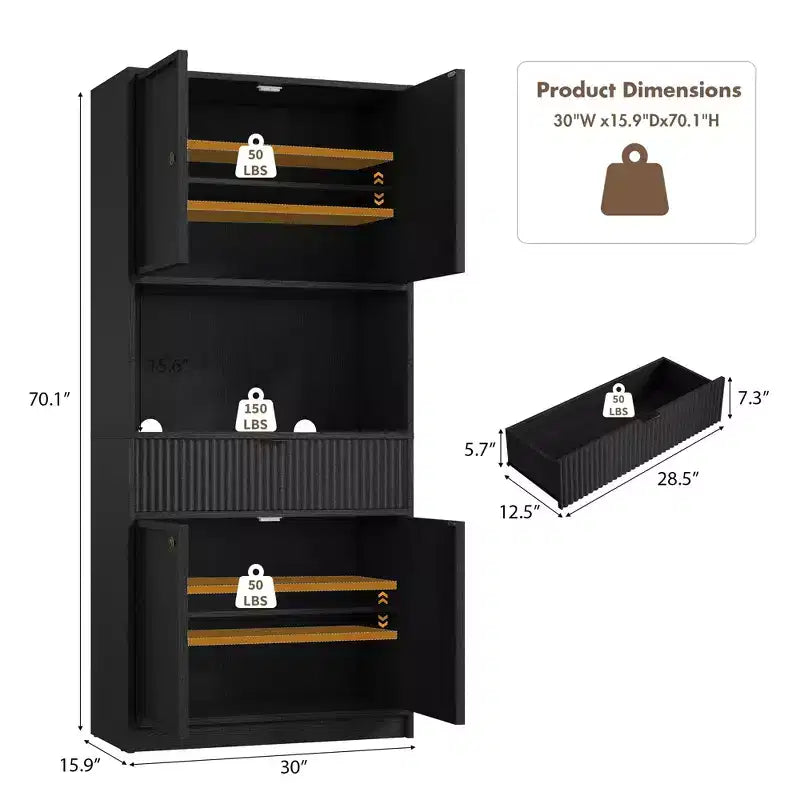 Credenza alta da cucina 70", credenza in legno scanalato con ripiani regolabili, mobiletto indipendente per il bagno