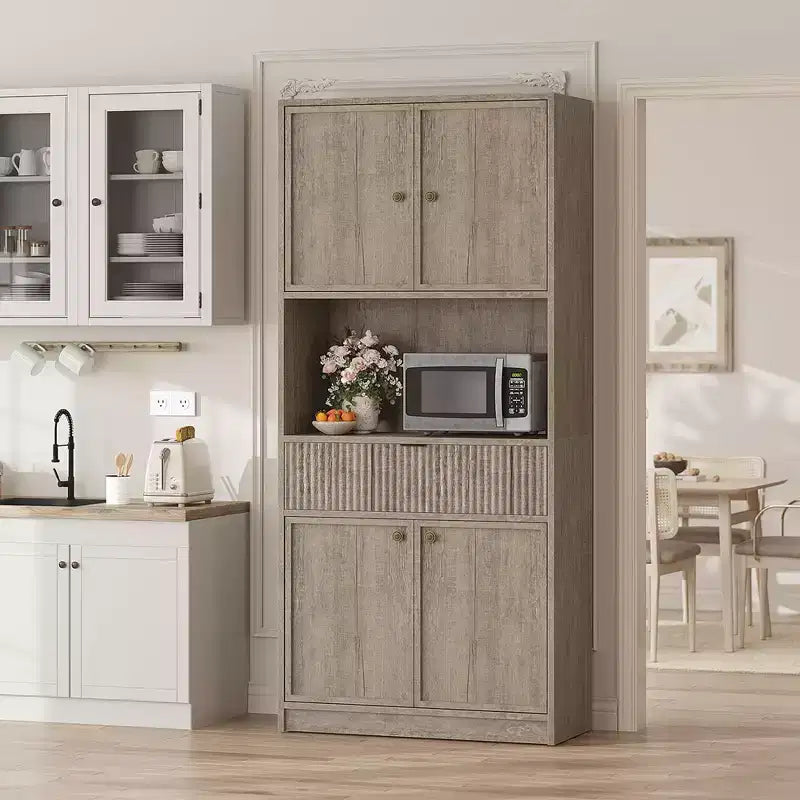 Credenza alta da cucina 70", credenza in legno scanalato con ripiani regolabili, mobiletto indipendente per il bagno