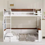 Letto a castello basso Queen su Queen con ripiani, letto a castello in legno con stazione di ricarica USB e luce a LED