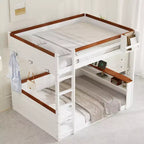 Letto a castello basso Queen su Queen con ripiani, letto a castello in legno con stazione di ricarica USB e luce a LED