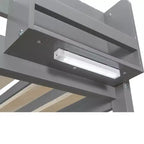 Letto a castello basso Queen su Queen con ripiani, letto a castello in legno con stazione di ricarica USB e luce a LED