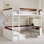 Letto a castello basso Queen su Queen con ripiani, letto a castello in legno con stazione di ricarica USB e luce a LED