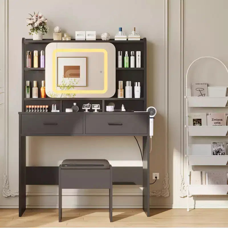 COZONY Coiffeuse coulissante avec miroir et lumières – Table de maquillage avec tabouret, station de charge, tiroirs et étagères pour chambre à coucher