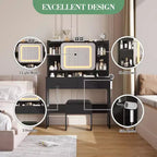 COZONY Coiffeuse coulissante avec miroir et lumières – Table de maquillage avec tabouret, station de charge, tiroirs et étagères pour chambre à coucher