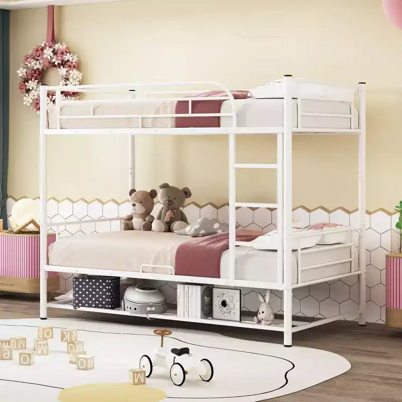 Letto a castello in metallo con mensola e spondine, telaio per letti a castello per bambini, ragazzi e adulti
