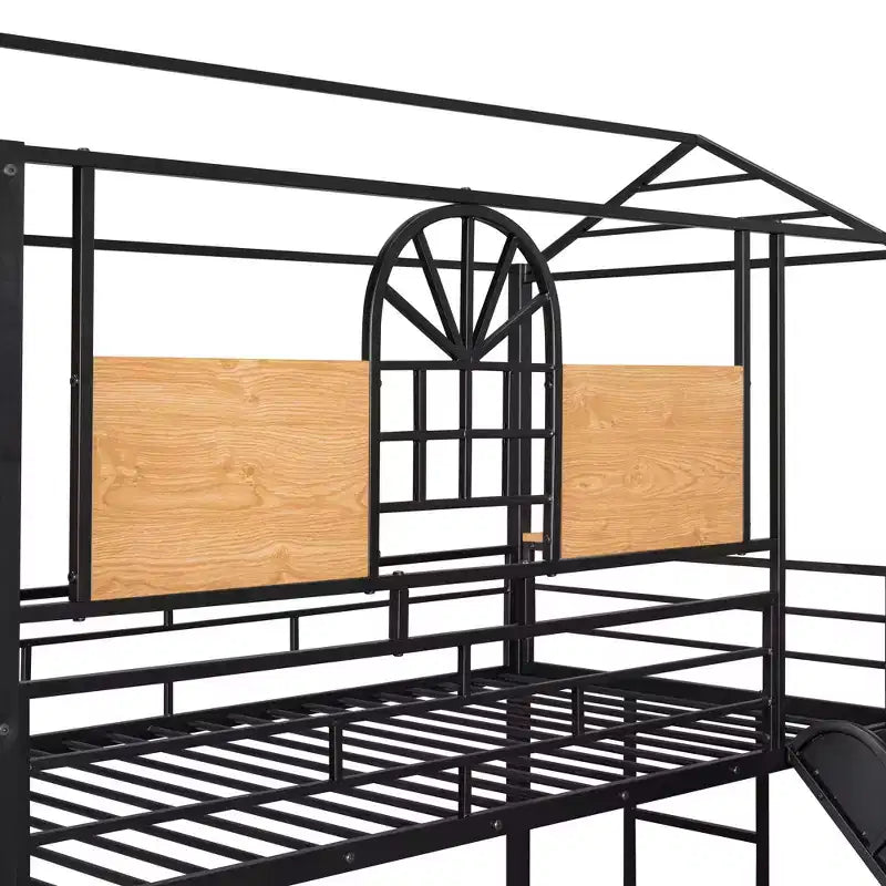 Letto a castello in metallo da una piazza e mezza, lettino in metallo con scivolo e scale contenitore con scivolo nero