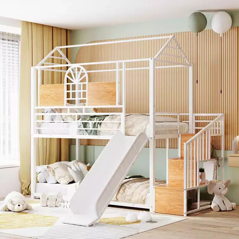 Letto a castello in metallo da una piazza e mezza, lettino in metallo con scivolo e scale contenitore con scivolo nero
