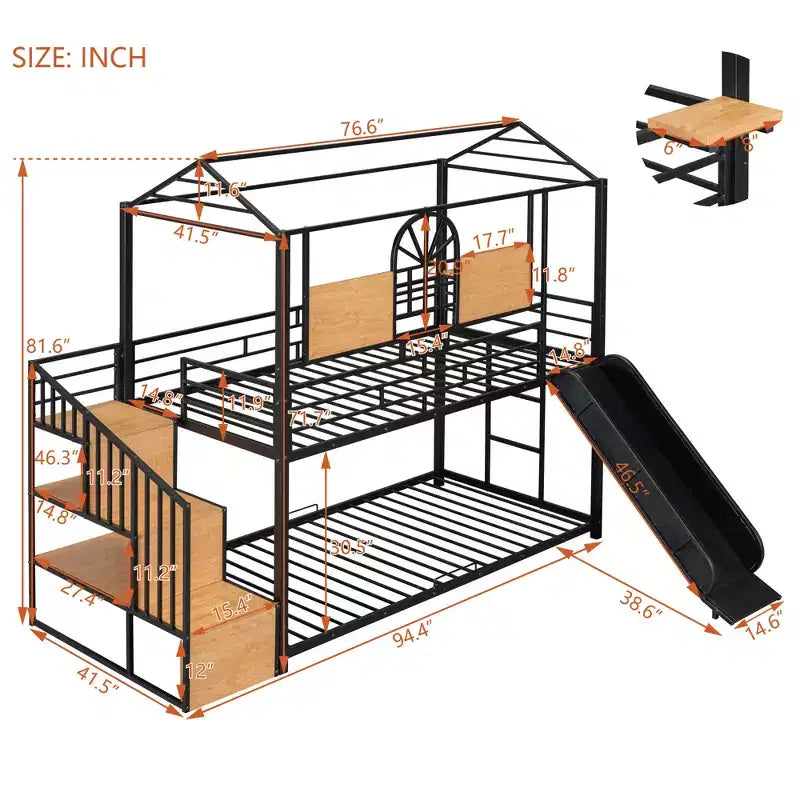 Letto a castello in metallo da una piazza e mezza, lettino in metallo con scivolo e scale contenitore con scivolo nero