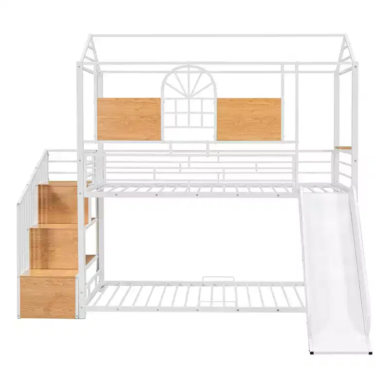 Letto a castello in metallo da una piazza e mezza, lettino in metallo con scivolo e scale contenitore con scivolo nero