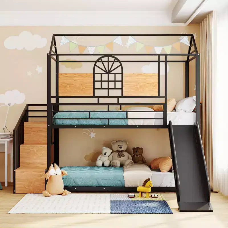 Letto a castello in metallo da una piazza e mezza, lettino in metallo con scivolo e scale contenitore con scivolo nero