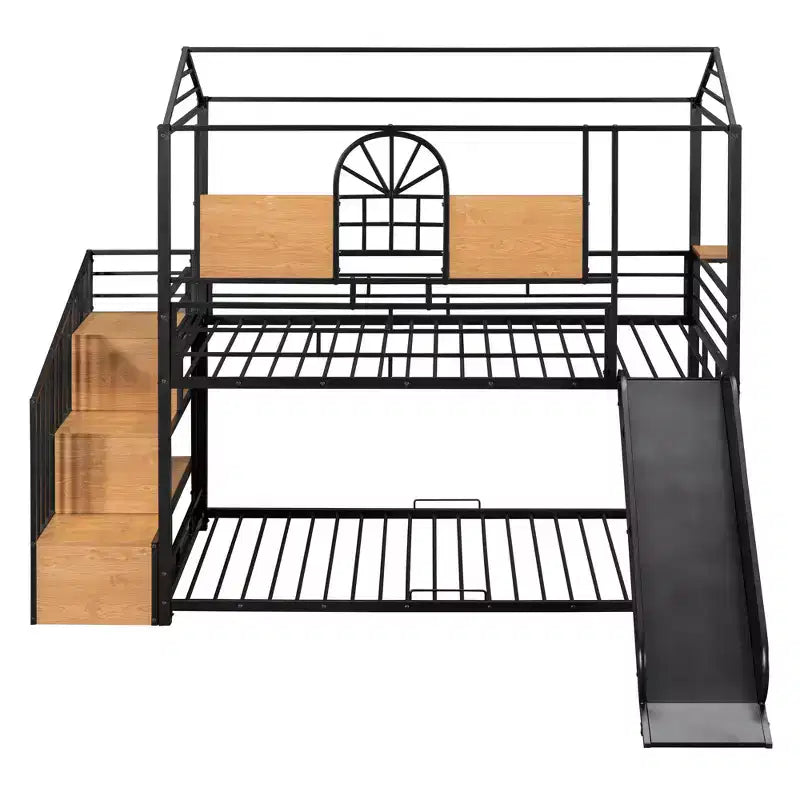 Letto a castello in metallo da una piazza e mezza, lettino in metallo con scivolo e scale contenitore con scivolo nero