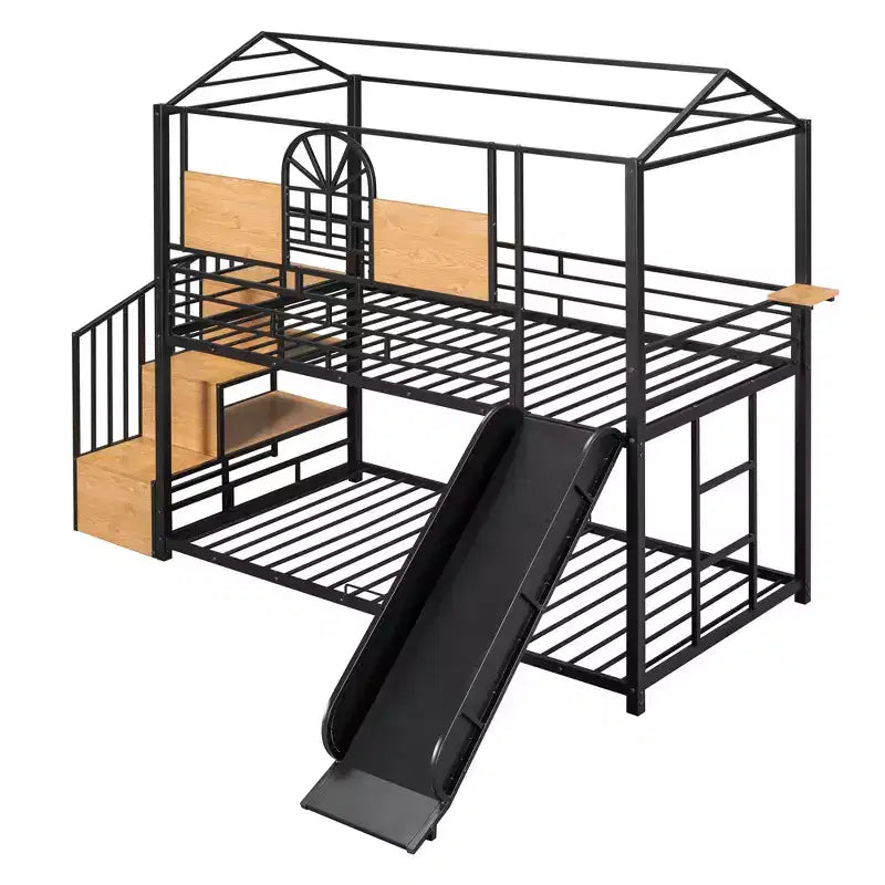 Letto a castello in metallo da una piazza e mezza, lettino in metallo con scivolo e scale contenitore con scivolo nero